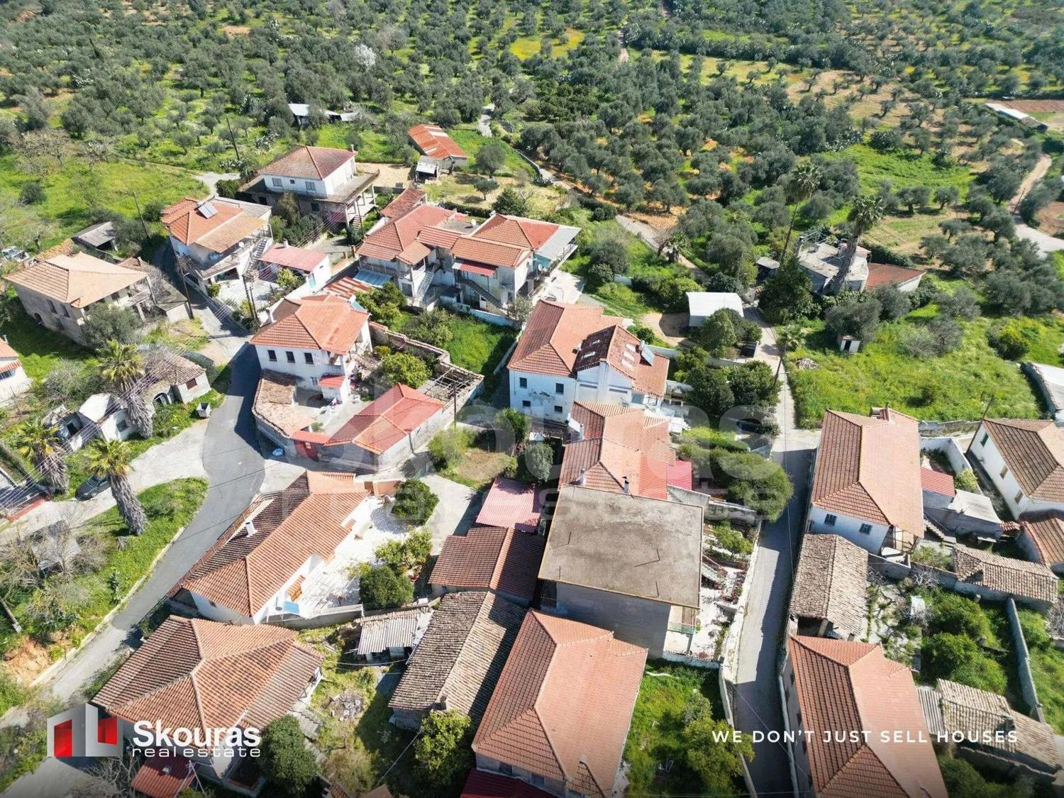 Ammos village in Messinia surrounded by olive groves, aerial view