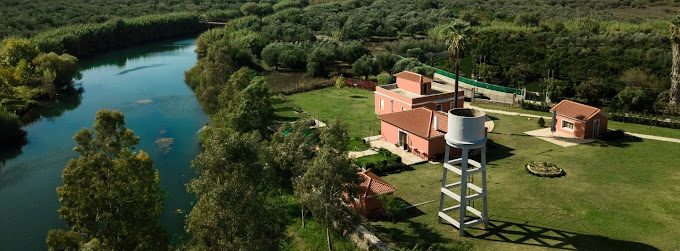 Aerial view of the Pamisos River Springs near Ammos, Messinia